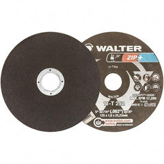 WALTER Surface Technologies - 5" 46 Grit Aluminum Oxide Cutoff Wheel - 1/16" Thick, 7/8" Arbor, 12,200 Max RPM, Use with Angle Grinders - Eagle Tool & Supply