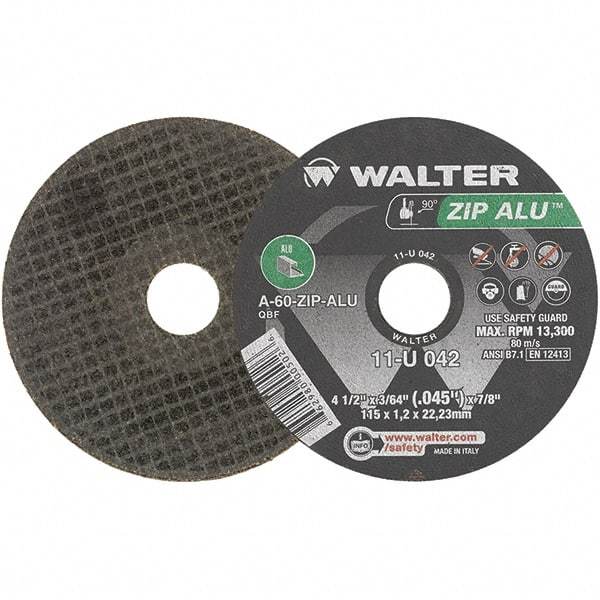 WALTER Surface Technologies - 4-1/2" 60 Grit Aluminum Oxide Cutoff Wheel - 3/64" Thick, 7/8" Arbor, 13,300 Max RPM, Use with Angle Grinders - Eagle Tool & Supply