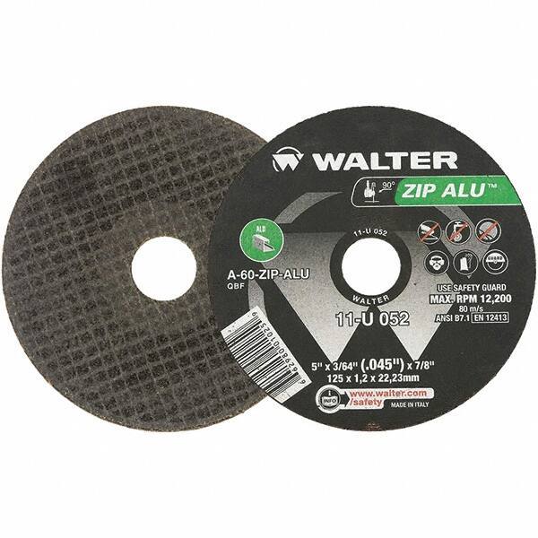 WALTER Surface Technologies - 5" 60 Grit Aluminum Oxide Cutoff Wheel - 3/64" Thick, 7/8" Arbor, 12,200 Max RPM, Use with Angle Grinders - Eagle Tool & Supply