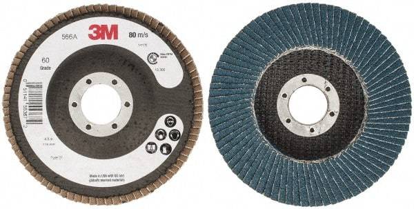 3M - 60 Grit, 4-1/2" Disc Diam, 7/8" Center Hole, Type 27 Zirconia Alumina Flap Disc - 13,300 Max RPM, Cloth Backing, Arbor Attaching System, Coated - Eagle Tool & Supply