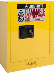 Justrite - 1 Door, 1 Shelf, Yellow Steel Space Saver Safety Cabinet for Flammable and Combustible Liquids - 22" High x 17" Wide x 8" Deep, Manual Closing Door, 2 Gal Capacity - Eagle Tool & Supply