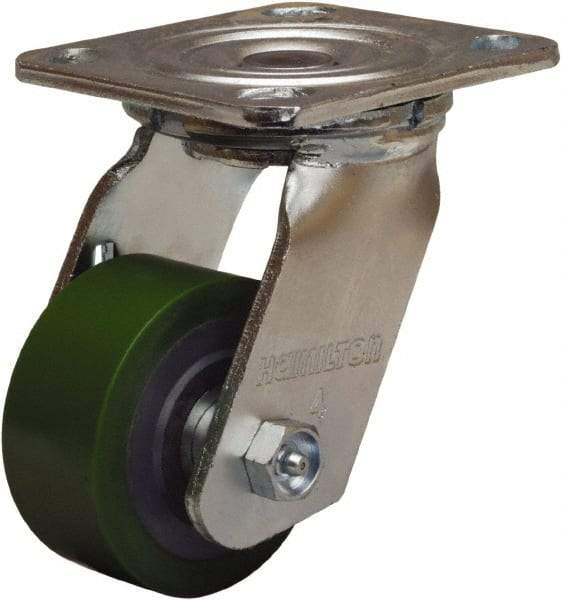 Hamilton - 3-1/4" Diam x 1-1/2" Wide x 5-1/4" OAH Top Plate Mount Swivel Caster - Polyurethane Mold onto Cast Iron Center, 475 Lb Capacity, Straight Roller Bearing, 4 x 4-1/2" Plate - Eagle Tool & Supply