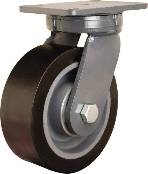 Hamilton - 8" Diam x 3" Wide x 10-1/2" OAH Top Plate Mount Swivel Caster - Polyurethane Mold on Forged Steel, 4,500 Lb Capacity, Tapered Roller Bearing, 5-1/4 x 7-1/4" Plate - Eagle Tool & Supply