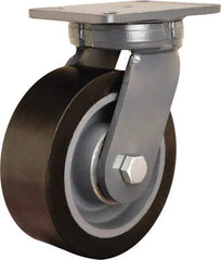 Hamilton - 8" Diam x 3" Wide x 10-1/2" OAH Top Plate Mount Swivel Caster - Polyurethane Mold on Forged Steel, 4,500 Lb Capacity, Precision Ball Bearing, 5-1/4 x 7-1/4" Plate - Eagle Tool & Supply