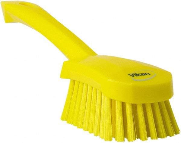 Vikan - 1.3" Bristle Length, Polyester Scrub Brush - 4-1/4" Long x 2-3/4" Wide Head, 10" OAL, Yellow, Polypropylene Block - Eagle Tool & Supply