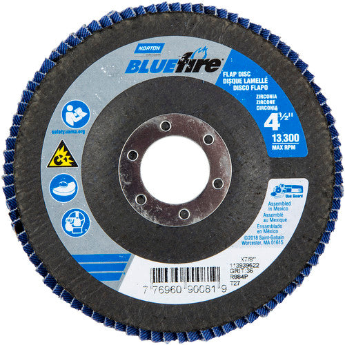 ‎4-1/2 × 7/8″ BlueFire Fiberglass HD Flat Flap Disc Type 27 P36 Grit R884P1 Zirconia Alumina - Eagle Tool & Supply