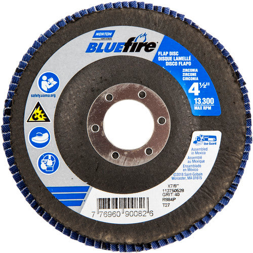 ‎4-1/2 × 7/8″ BlueFire Fiberglass HD Flat Flap Disc Type 27 P40 Grit R884P1 Zirconia Alumina - Eagle Tool & Supply