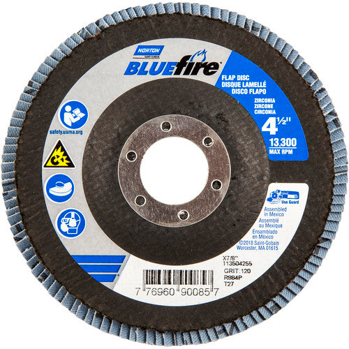 ‎4-1/2 × 7/8″ BlueFire Fiberglass HD Flat Flap Disc Type 27 P120 Grit R884P2 Zirconia Alumina - Eagle Tool & Supply