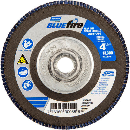 ‎4-1/2 × 5/8 - 11″ BlueFire Fiberglass HD Flat Flap Disc Type 27 P80 Grit R884P1 Ceramic Alumina - Eagle Tool & Supply