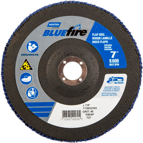 7 × 7/8″ BlueFire Fiberglass HD Flat Flap Disc Type 27 P40 Grit R884P1 Zirconia Alumina - Eagle Tool & Supply