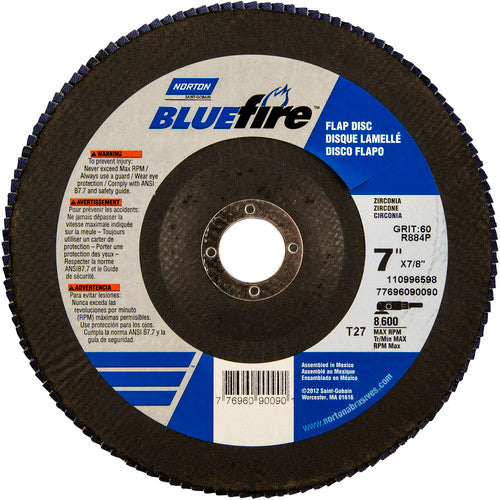 7 × 7/8″ BlueFire Fiberglass HD Flat Flap Disc Type 27 P60 Grit R884P1 Zirconia Alumina - Eagle Tool & Supply