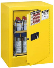 Justrite - 1 Door, 2 Shelf, Yellow Steel Bench Top Safety Cabinet for Flammable and Combustible Liquids - 27" High x 21" Wide x 18" Deep, Manual Closing Door, 4 Gal Capacity - Eagle Tool & Supply