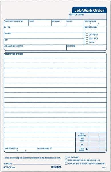 TOPS - 50 Sheet, 5-1/2 x 8-1/2", Work Order Pad - White - Eagle Tool & Supply