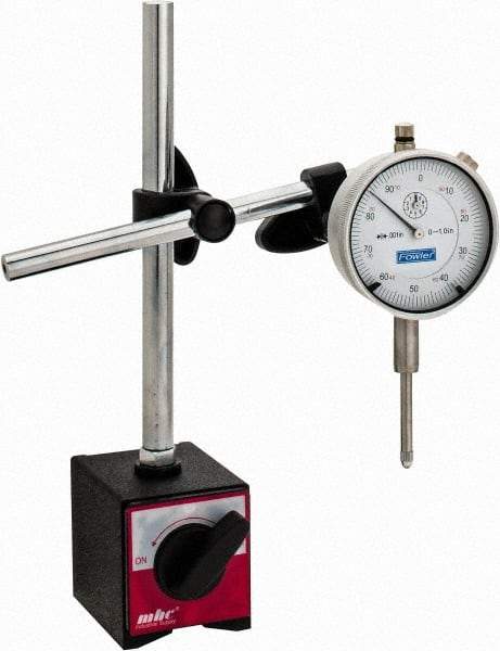 Fowler - 0.001" Graduation, 0-100 Dial Reading, Indicator & Base Kit - 1" Base Length x 1-7/8" Base Width x 2-3/8" Base Height - Eagle Tool & Supply