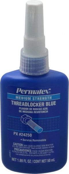 Permatex - 50 mL Bottle, Blue, Medium Strength Liquid Threadlocker - Series 242, 24 hr Full Cure Time, Hand Tool Removal - Eagle Tool & Supply