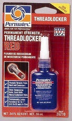 Permatex - 10 mL Bottle, Red, High Strength Liquid Threadlocker - Series 262, 24 hr Full Cure Time, Hand Tool, Heat Removal - Eagle Tool & Supply