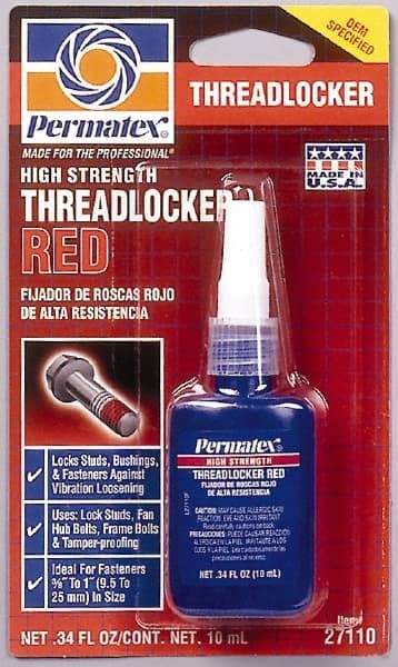 Permatex - 10 mL Bottle, Red, High Strength Liquid Threadlocker - Series 271, 24 hr Full Cure Time, Hand Tool, Heat Removal - Eagle Tool & Supply