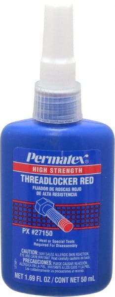 Permatex - 50 mL Bottle, Red, High Strength Liquid Threadlocker - Series 271, 24 hr Full Cure Time, Hand Tool, Heat Removal - Eagle Tool & Supply