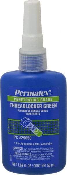 Permatex - 50 mL Bottle, Green, Liquid Medium Strength Threadlocker - Series 290, 24 hr Full Cure Time, Hand Tool, Heat Removal - Eagle Tool & Supply