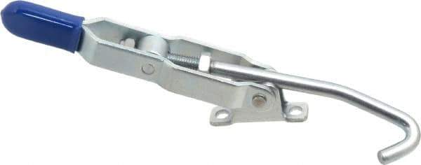 Gibraltar - 375 Lb Capacity, Horizontal, J Hook, Right Flanged Base, Carbon Steel Pull Action Latch Clamp - 4" Drawing Movement, 8.82" OAL, Thumb Handle - Eagle Tool & Supply