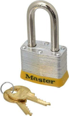 Master Lock - Keyed Different Retaining Key Conductive Lockout Padlock - 1-1/2" Shackle Clearance, 9/32" Shackle Diam, 1-1/4" Body Height x 1-9/16" Body Width, Yellow, 4 Pins - Eagle Tool & Supply