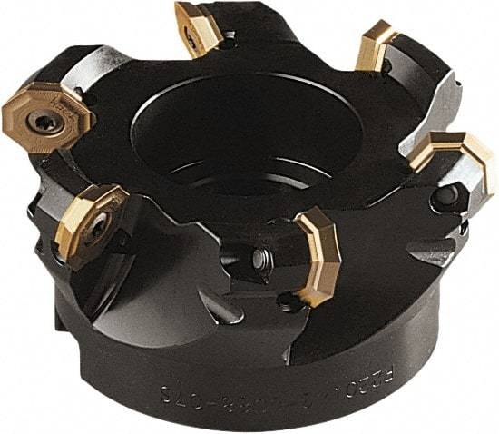 Seco - 92mm Cut Diam, 27mm Arbor Hole, 5mm Max Depth of Cut, 43° Indexable Chamfer & Angle Face Mill - 5 Inserts, OF.. 0704 Insert, Right Hand Cut, 5 Flutes, Through Coolant, Series OctoMill - Eagle Tool & Supply