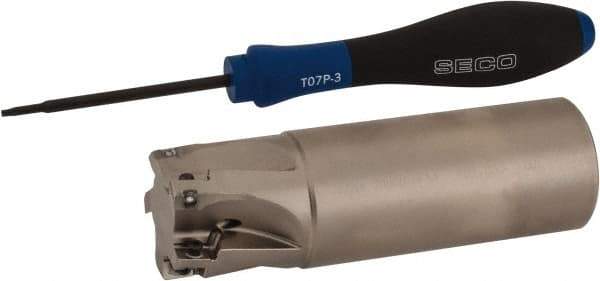Seco - 1-1/4" Cut Diam, 0.354" Max Depth of Cut, 1-1/4" Shank Diam, 4" OAL, Indexable Square Shoulder End Mill - XO.X 10T3.. Inserts, Weldon Shank, 90° Lead Angle, Through Coolant, Series Turbo 10 - Eagle Tool & Supply