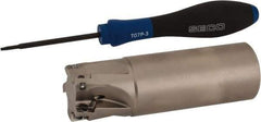 Seco - 1-1/4" Cut Diam, 0.354" Max Depth of Cut, 1-1/4" Shank Diam, 4" OAL, Indexable Square Shoulder End Mill - XO.X 10T3.. Inserts, Weldon Shank, 90° Lead Angle, Through Coolant, Series Turbo 10 - Eagle Tool & Supply