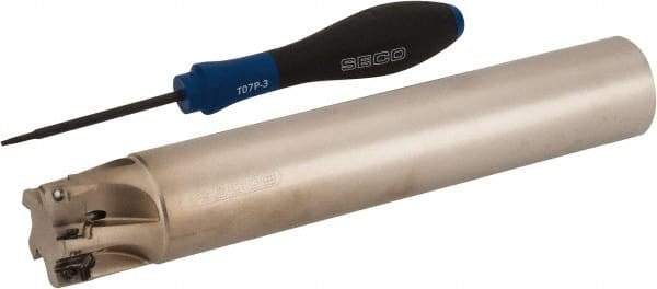 Seco - 1-1/4" Cut Diam, 0.354" Max Depth of Cut, 1-1/4" Shank Diam, 7.677" OAL, Indexable Square Shoulder End Mill - XO.X 10T3.. Inserts, Cylindrical Shank, 90° Lead Angle, Through Coolant, Series Turbo 10 - Eagle Tool & Supply