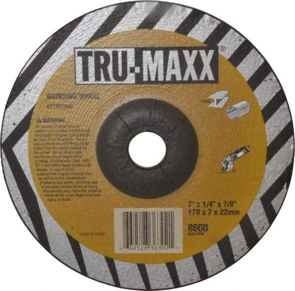 Tru-Maxx - 24 Grit, 7" Wheel Diam, 1/4" Wheel Thickness, 7/8" Arbor Hole, Type 27 Depressed Center Wheel - Aluminum Oxide, 8,600 Max RPM, Compatible with Angle Grinder - Eagle Tool & Supply