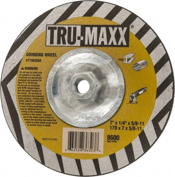 Tru-Maxx - 7" Wheel Diam, 1/4" Wheel Thickness, Type 27 Depressed Center Wheel - Aluminum Oxide, 8,600 Max RPM, Compatible with Angle Grinder - Eagle Tool & Supply