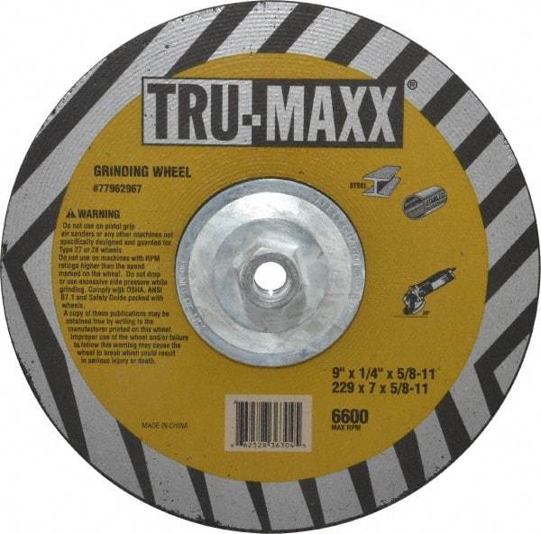 Tru-Maxx - 9" Wheel Diam, 1/4" Wheel Thickness, Type 27 Depressed Center Wheel - Aluminum Oxide, 6,600 Max RPM, Compatible with Angle Grinder - Eagle Tool & Supply