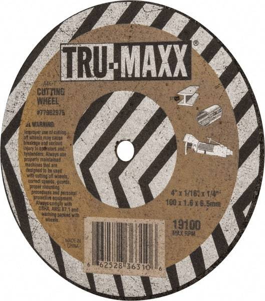 Tru-Maxx - 4" 60 Grit Aluminum Oxide Cutoff Wheel - 1/16" Thick, 1/4" Arbor, 19,100 Max RPM, Use with Die Grinders - Eagle Tool & Supply