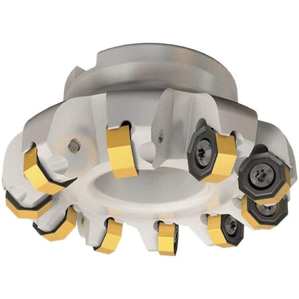 Iscar - 4.49" Cut Diam, 1-1/4" Arbor Hole, 0.138" Max Depth of Cut, 45° Indexable Chamfer & Angle Face Mill - 12 Inserts, ON.. 05..\xB6OXMT 0507\xB6RXMT 1607\xB6S845 SN.U 13 Insert, Right Hand Cut, 12 Flutes, Through Coolant, Series Helido - Eagle Tool & Supply