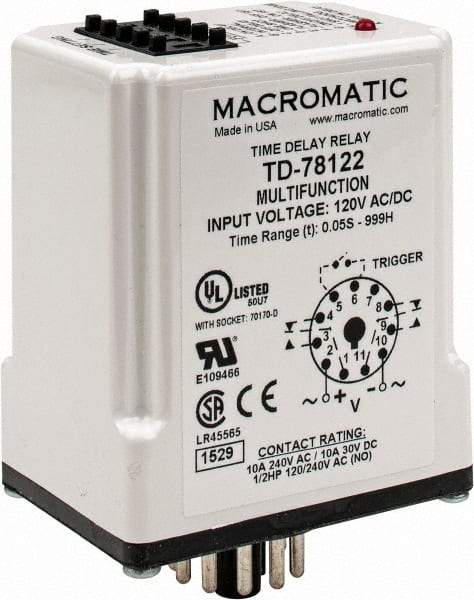 Macromatic - 11 Pin, 999 hr Delay, Multiple Range DPDT Time Delay Relay - 10 Contact Amp, 120 VAC/VDC, Pushbutton Thumbwheel - Eagle Tool & Supply