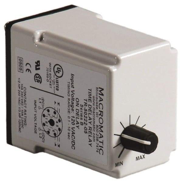 Macromatic - 8 Pin, Multiple Range DPDT Time Delay Relay - 10 Contact Amp, 120 VAC/VDC, Knob - Eagle Tool & Supply