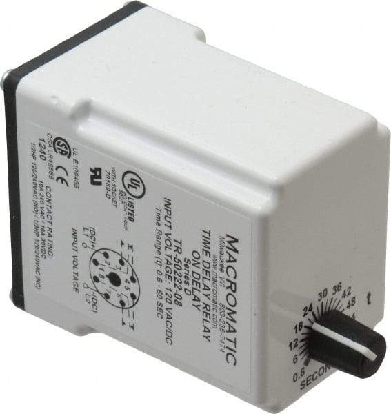 Macromatic - 8 Pin, Multiple Range DPDT Time Delay Relay - 10 Contact Amp, 120 VAC/VDC, Knob - Eagle Tool & Supply