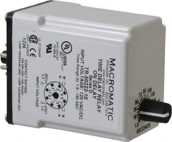 Macromatic - 8 Pin, Multiple Range DPDT Time Delay Relay - 10 Contact Amp, 120 VAC/VDC, Knob - Eagle Tool & Supply