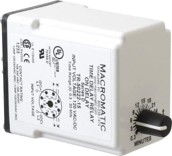 Macromatic - 8 Pin, 0.3 to 30 min Delay, Multiple Range DPDT Time Delay Relay - 10 Contact Amp, 120 VAC/VDC, Knob - Eagle Tool & Supply