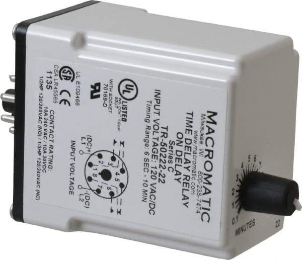 Macromatic - 8 Pin, 10 min Delay, Multiple Range DPDT Time Delay Relay - 10 Contact Amp, 120 VAC/VDC, Knob - Eagle Tool & Supply