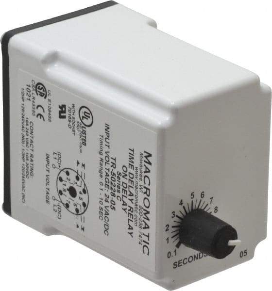 Macromatic - 8 Pin, Multiple Range DPDT Time Delay Relay - 10 Contact Amp, 24 VAC/VDC, Knob - Eagle Tool & Supply