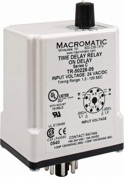 Macromatic - 8 Pin, Multiple Range DPDT Time Delay Relay - 10 Contact Amp, 24 VAC/VDC, Knob - Eagle Tool & Supply