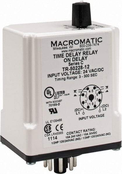 Macromatic - 8 Pin, Multiple Range DPDT Time Delay Relay - 10 Contact Amp, 24 VAC/VDC, Knob - Eagle Tool & Supply