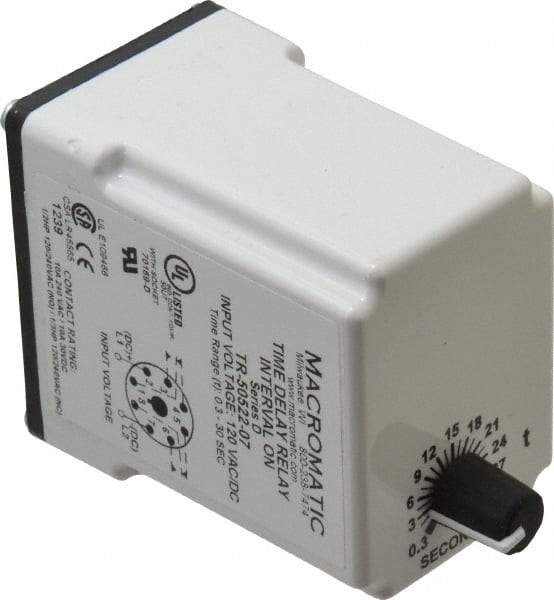 Macromatic - 8 Pin, Multiple Range DPDT Time Delay Relay - 10 Contact Amp, 120 VAC/VDC, Knob - Eagle Tool & Supply