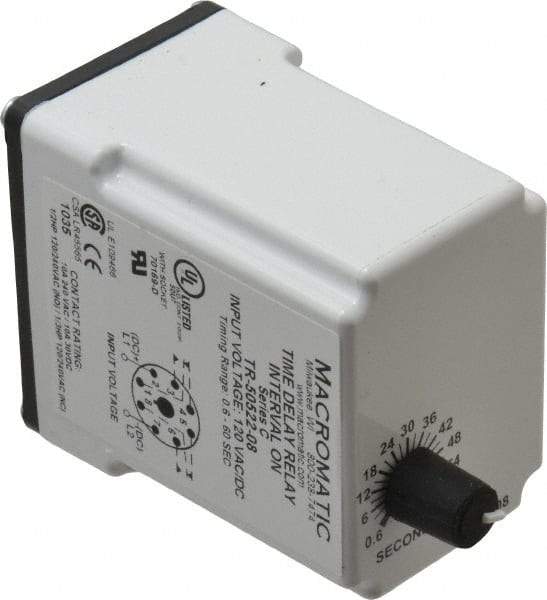 Macromatic - 8 Pin, Multiple Range DPDT Time Delay Relay - 10 Contact Amp, 120 VAC/VDC, Knob - Eagle Tool & Supply