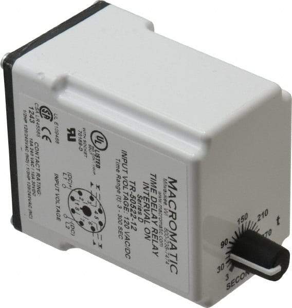 Macromatic - 8 Pin, Multiple Range DPDT Time Delay Relay - 10 Contact Amp, 120 VAC/VDC, Knob - Eagle Tool & Supply