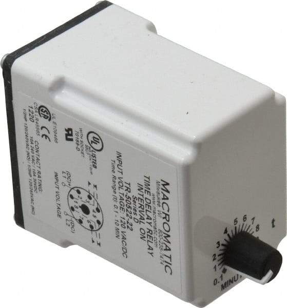 Macromatic - 8 Pin, 10 min Delay, Multiple Range DPDT Time Delay Relay - 10 Contact Amp, 120 VAC/VDC, Knob - Eagle Tool & Supply