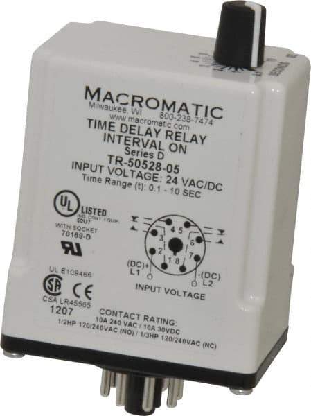 Macromatic - 8 Pin, Multiple Range DPDT Time Delay Relay - 10 Contact Amp, 24 VAC/VDC, Knob - Eagle Tool & Supply