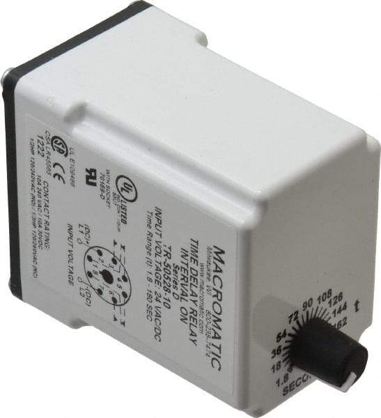 Macromatic - 8 Pin, Multiple Range DPDT Time Delay Relay - 10 Contact Amp, 24 VAC/VDC, Knob - Eagle Tool & Supply