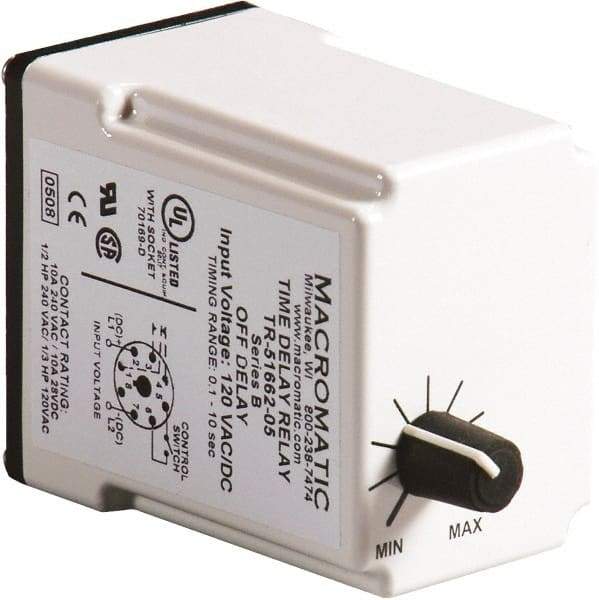 Macromatic - 11 Pin, 10 min Delay, Multiple Range DPDT Time Delay Relay - 10 Contact Amp, 120 VAC/VDC, Knob - Eagle Tool & Supply